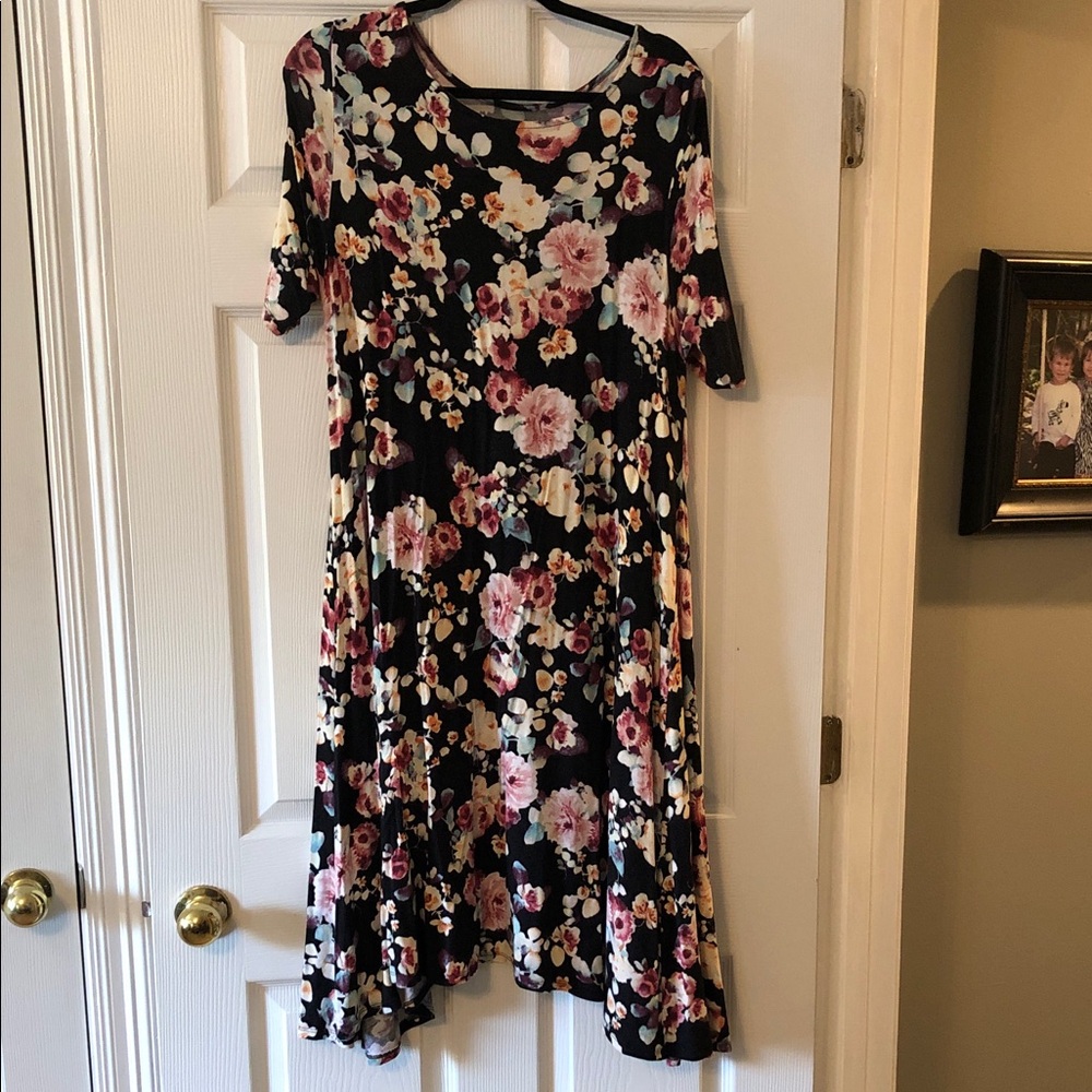 Agnes & Dora Black Floral Midi Dress with Pink Blooms